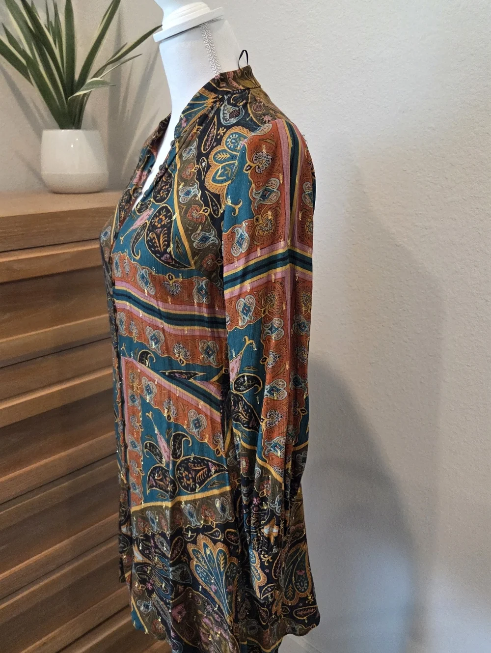 Zara Paisley Print Shirt Dress Size‎ Small Button Up Long Sleeve Tunic Boho